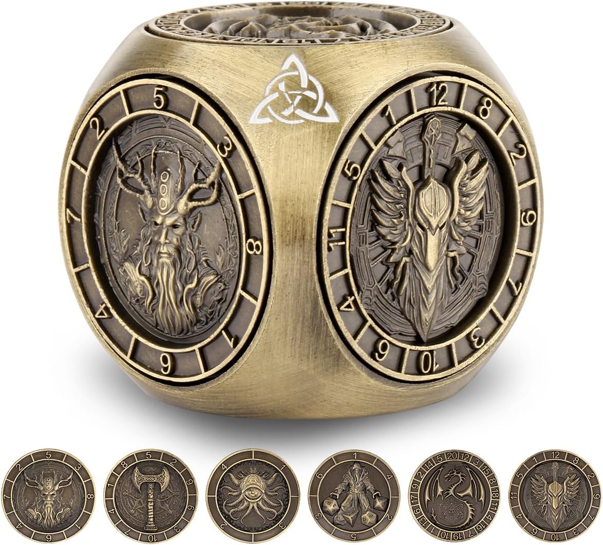 Keller & Weber DND Fingertip Spinner Dice, 7-in-1 Metal Dice Set with 3D Pattern, Polyhedral Rotating Game Dice, for DND Gifts with Dragon Logo Gift Box, Role Playing Board Game Accessories, Bronze