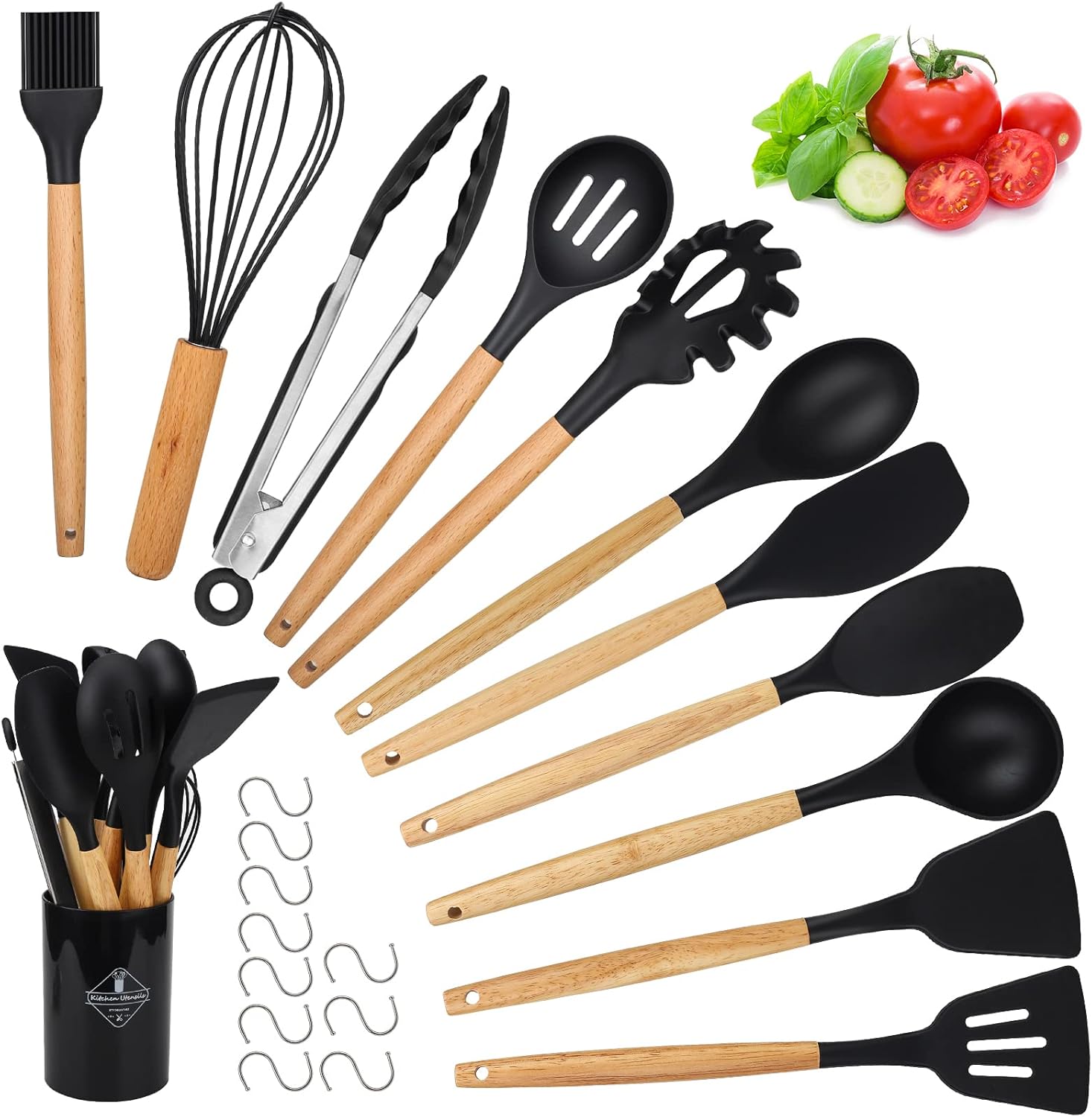 Kitchen Utensil Set, hicoosee 22 Pieces Silicone Cooking Utensils Set, Natural Wooden Handles Cooking Tool BPA Free Non Toxic Non Stick Heat Resistant Silicone Kitchen Gadgets Utensil Set, Black