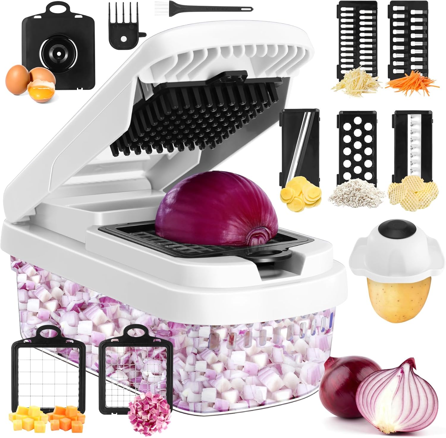 Professional 12-in-1 Vegetable Chopper with 7 Stainless Steel Blades - Multifunctional Food Chopper for Dicing/Slicing Carrots, Potatoes, Onions, Garlic - Heavy Duty, BPA Free Kitchen Gadget (White)