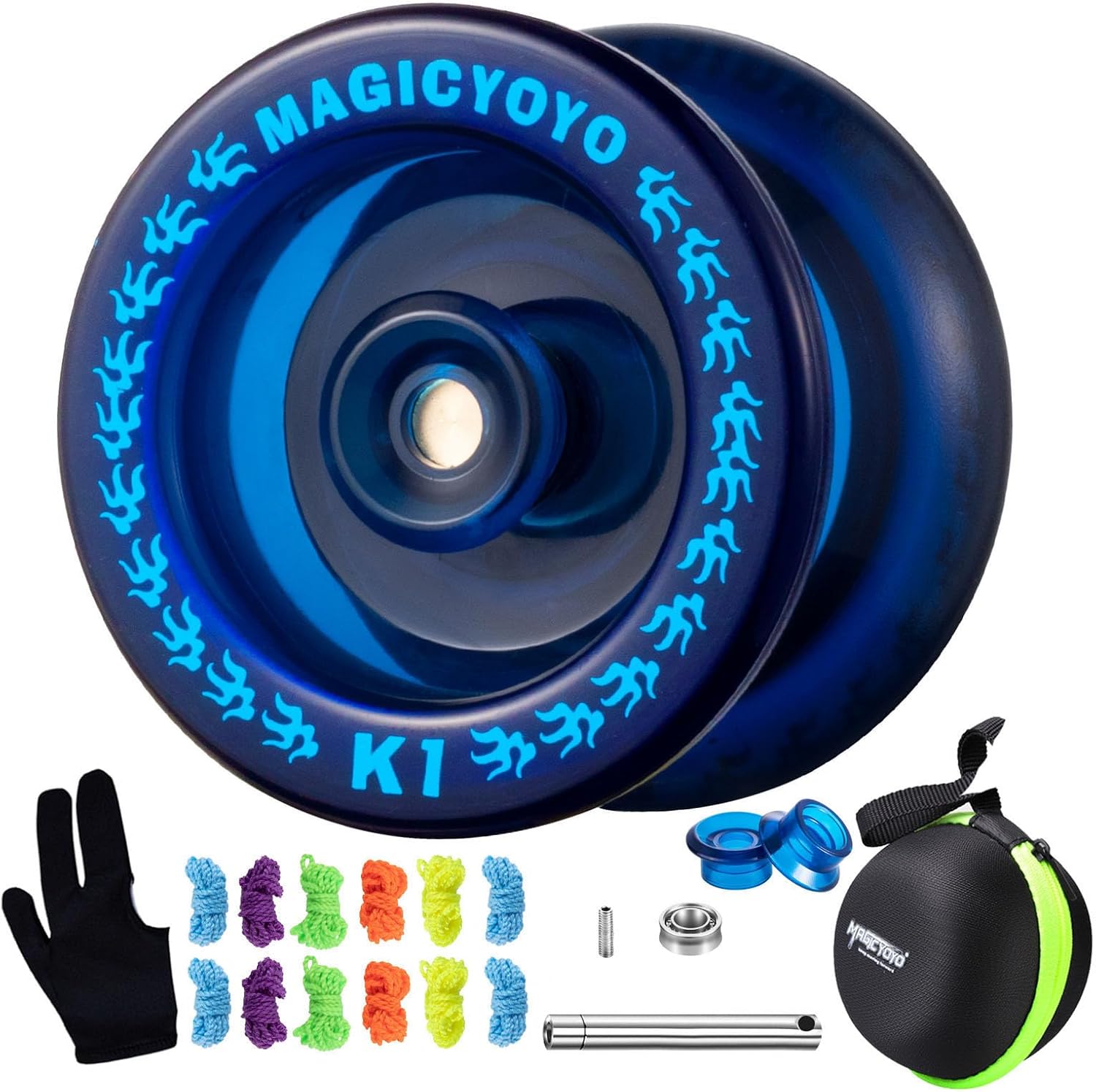 MAGICYOYO Responsive Yoyo K1 Tug Return Yo yo, Hubstacks Yo-yo for Kids Beginners Dual Purpose Yo Yo with Unresponsive Bearing, Storage Bag + 12 Strings +Yo-Yo Glove +2 Yo yo Hubstacks (Dark Blue)