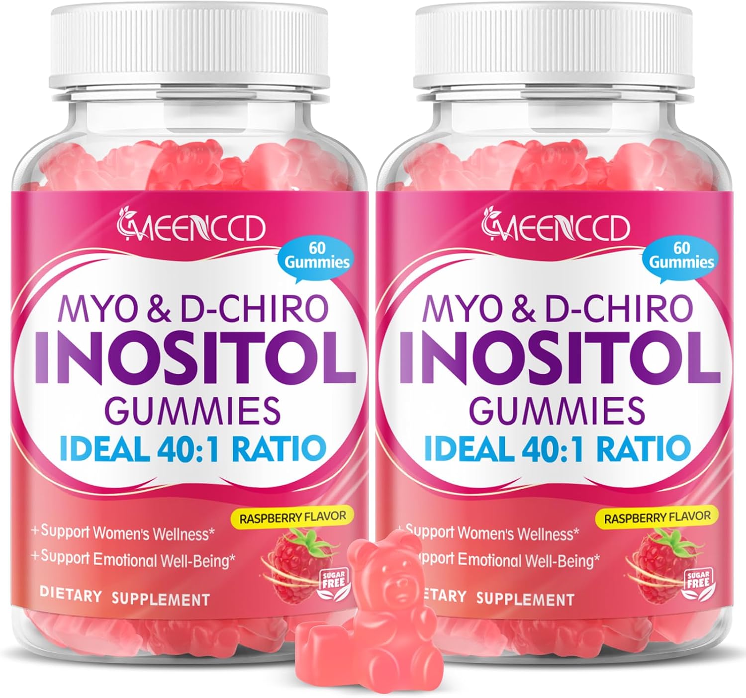 MEENCCD 2 Pack Myo-Inositol & D-Chiro Inositol Gummies, 40:1 Ratio Inositol with Vitamin D3, Magnesium Glycinate, Folate & Zinc, Inositol Supplement for Female Health, Raspberry Flavor, 120 Count