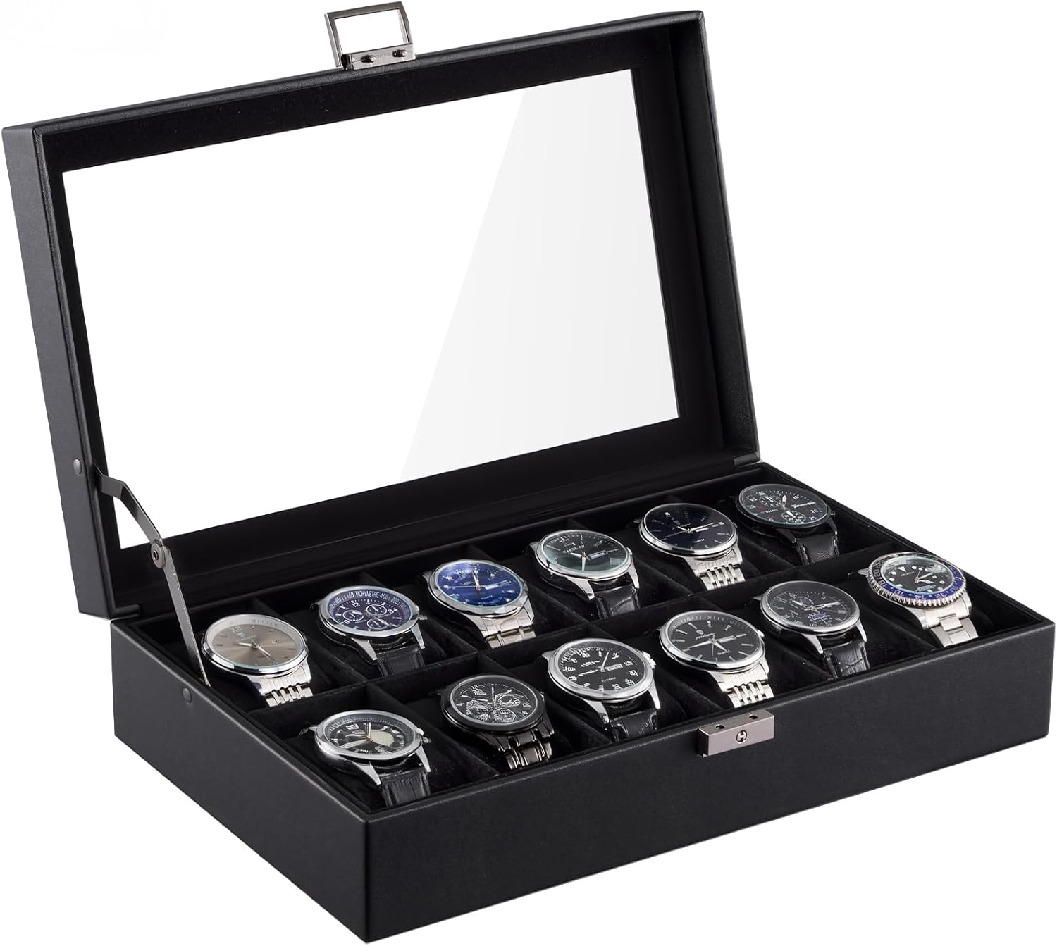 ProCase 12 Slot Watch Case Box for Men, PU leather Man Watch Organizer with Soft Pillow, Lockable Watch Collection Storage Holder with Glass Display Lid, Fathers Day Gift for Dad -AllBlack