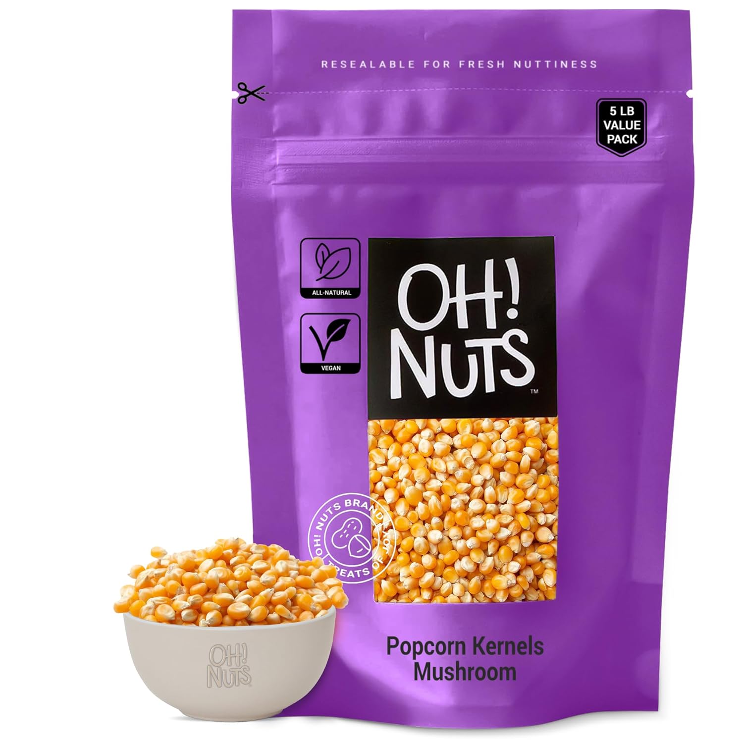 Popcorn Kernels Mushroom | Raw - 100% Natural | 5 lb | Large White Whole Grain Raw Dehydrated Corn Seeds | Packed in New York Zip-Seal Bag for Exceptional Freshness by Oh Nuts