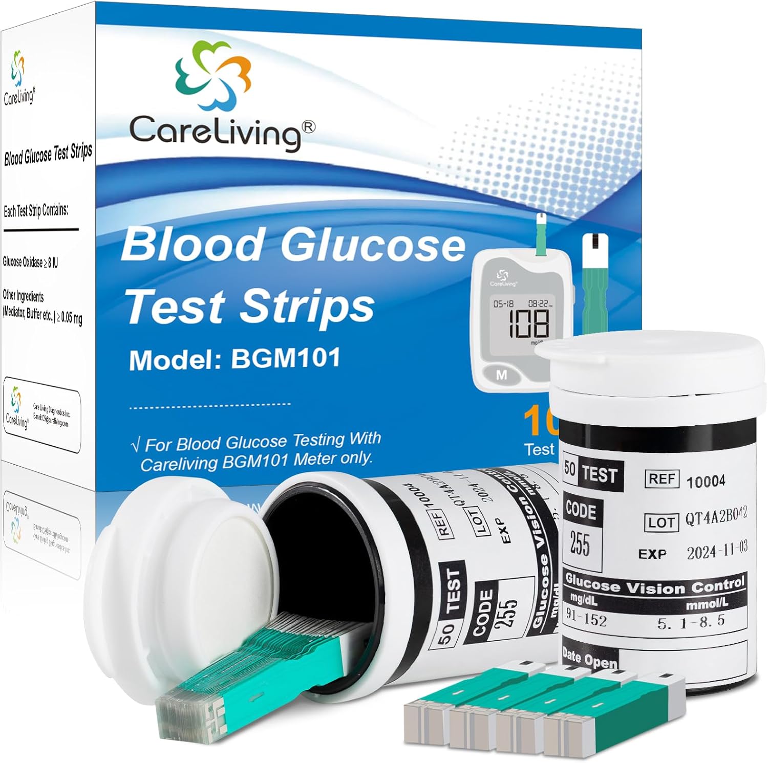 BGM101 Blood Glucose Test Strips, for Diabete Sugar Testing, 100 Count