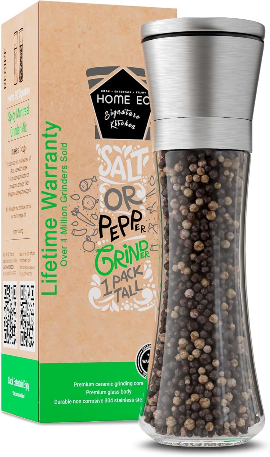 HOME EC Original Stainless Steel Salt or Pepper Grinder 1pk - Adjustable Ceramic Sea Salt Grinder or Pepper Mill - Tall Glass Spice Shaker - Spice Mill w/EBook