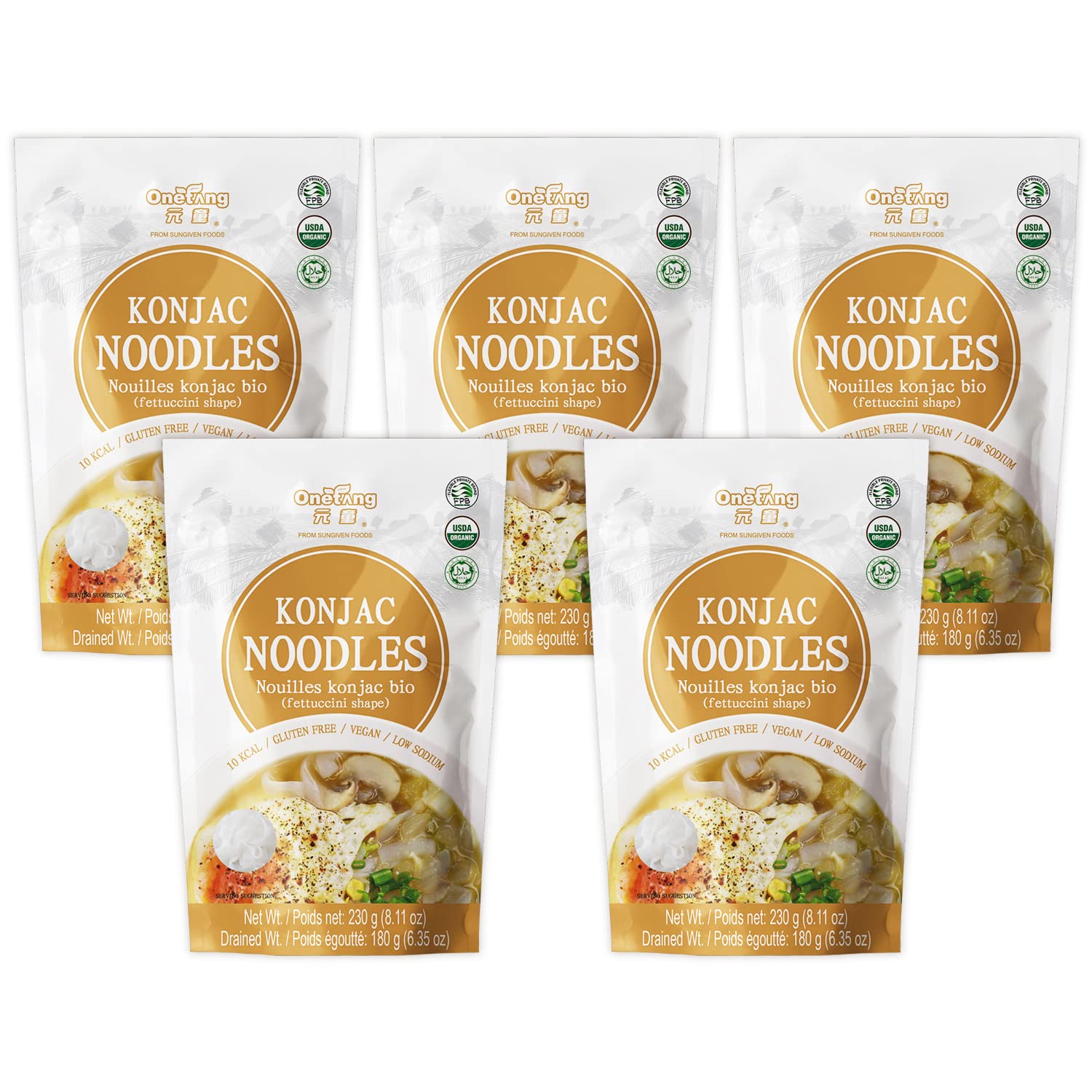 ONETANG Organic Shirataki Konjac Fettuccini Noodles, USDA Organic, Gluten Free, Fat Free, Keto Friendly, Low Carbs 8.11 Oz Pack of 5 Bags 40.6 Oz