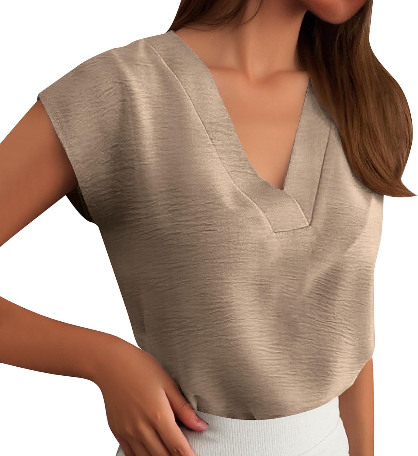 Women Casual Summer Tops Cap Sleeve Textured Dressy V Neck Shirts Business Work Blouses Loose Fit Basic Tees Tshirt