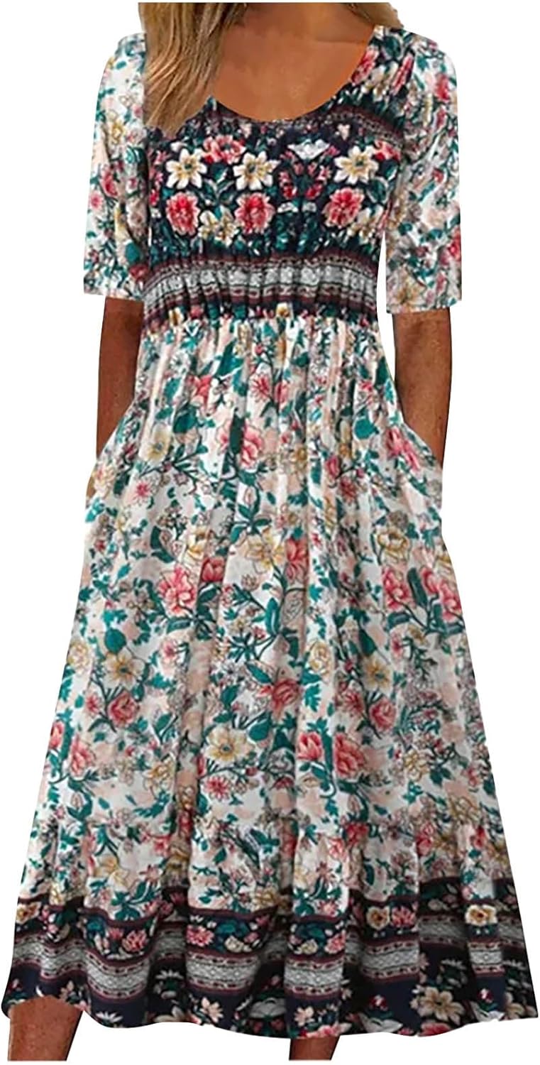 Boho Dresses for Women UK Clearance Italian Short Sleeve Button V Neck Dress with Pocket Ladies Floral Casual Sundress Elegant Swing Midi Dress Loose Pullover Lounge Dresses Beach Holiday Sundress