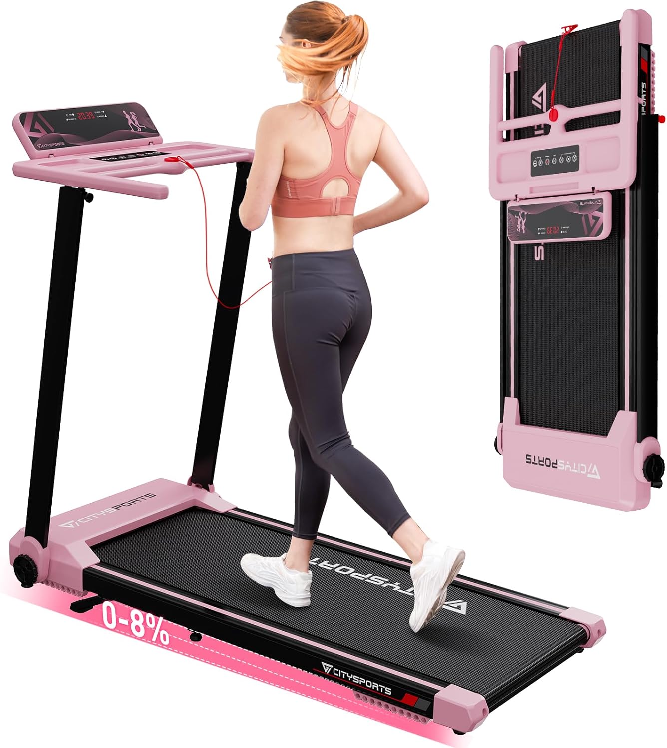 CITYSPORTS Folding Treadmill with 8% Incline,12km/h Portable Treadmill,1400W Motor Walking Pad Foldable,120kg Weight Capacity,APP&LED Screen