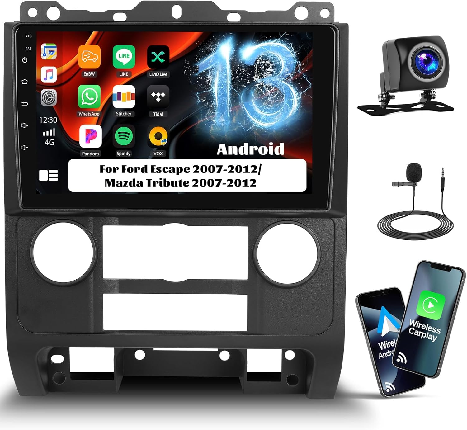 Android 13 Car Stereo for Ford Escape 2007-2012/Mazda Tribute 2007-2012 with Wireless CarPlay Android Auto,9" Touchscreen Car Radio with WiFi/GPS,Bluetooth,FM/RDS,SWC,Dual USB+Backup Camera