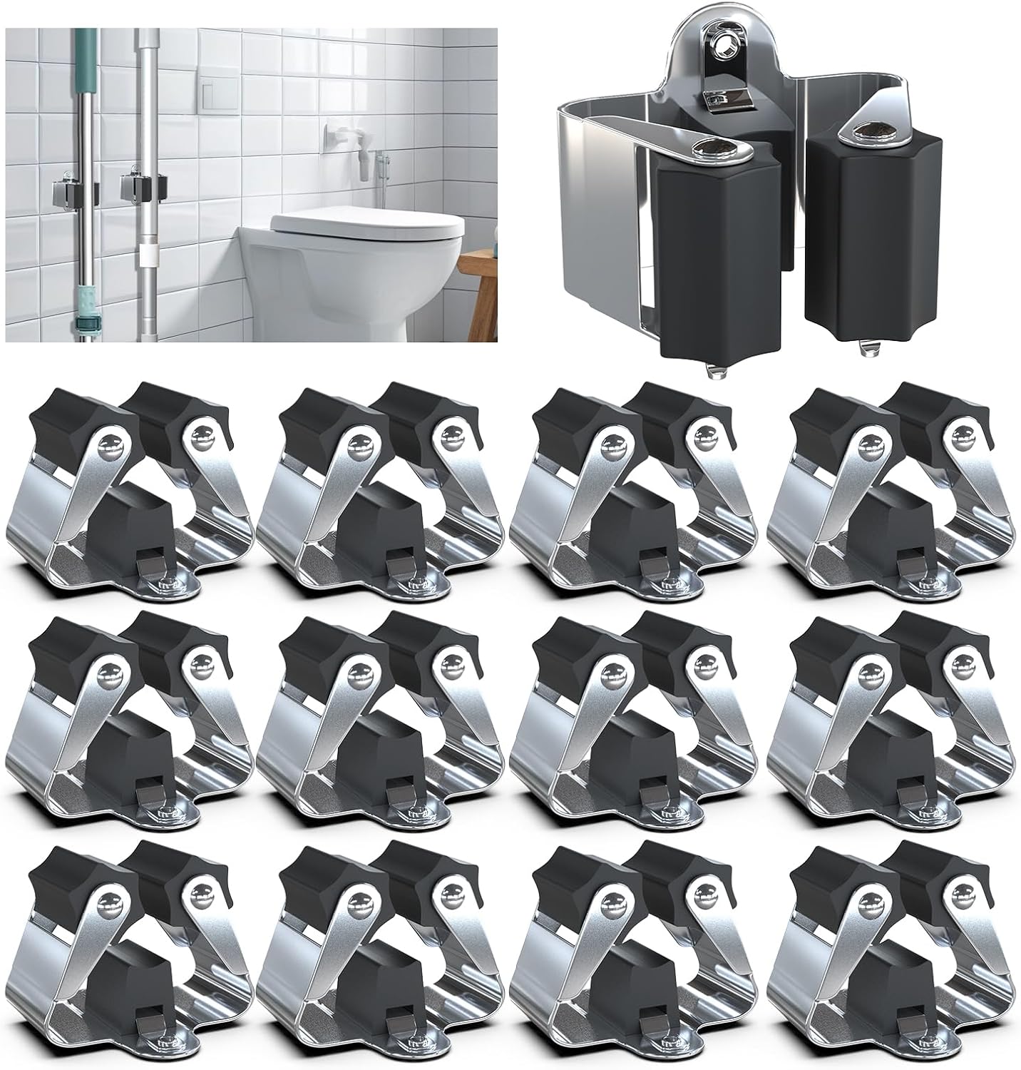 3-H Broom Holder 12 Pack,Brush Holder,Mop Holder Wall Mounted,Broom Clips for Garage Garden Shed Storage System Laundry Room Home Kitchen(Black)