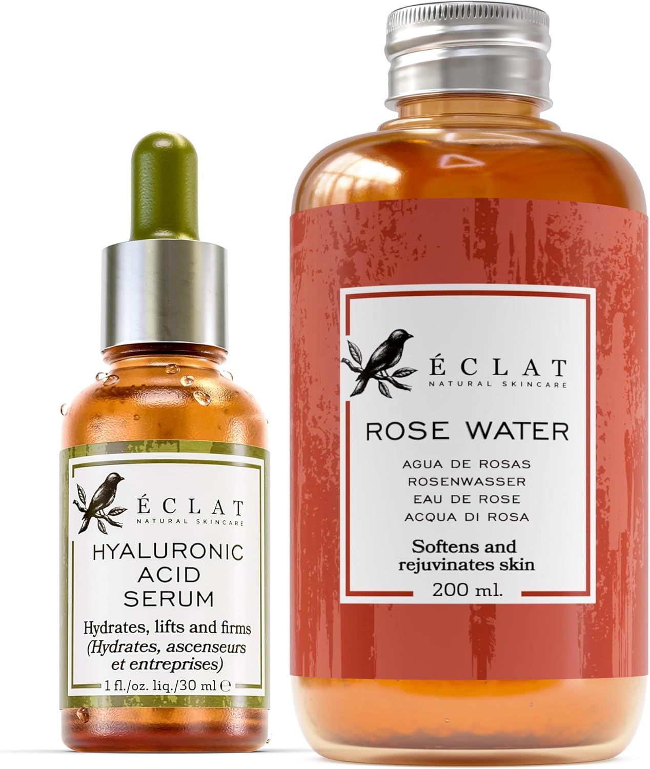 Eclat Skincare Unclog & Hydrate - Rose Water Toner and Hyaluronic Acid Serum - Combo Pack - 100% Vegan & Dermatologist Developed