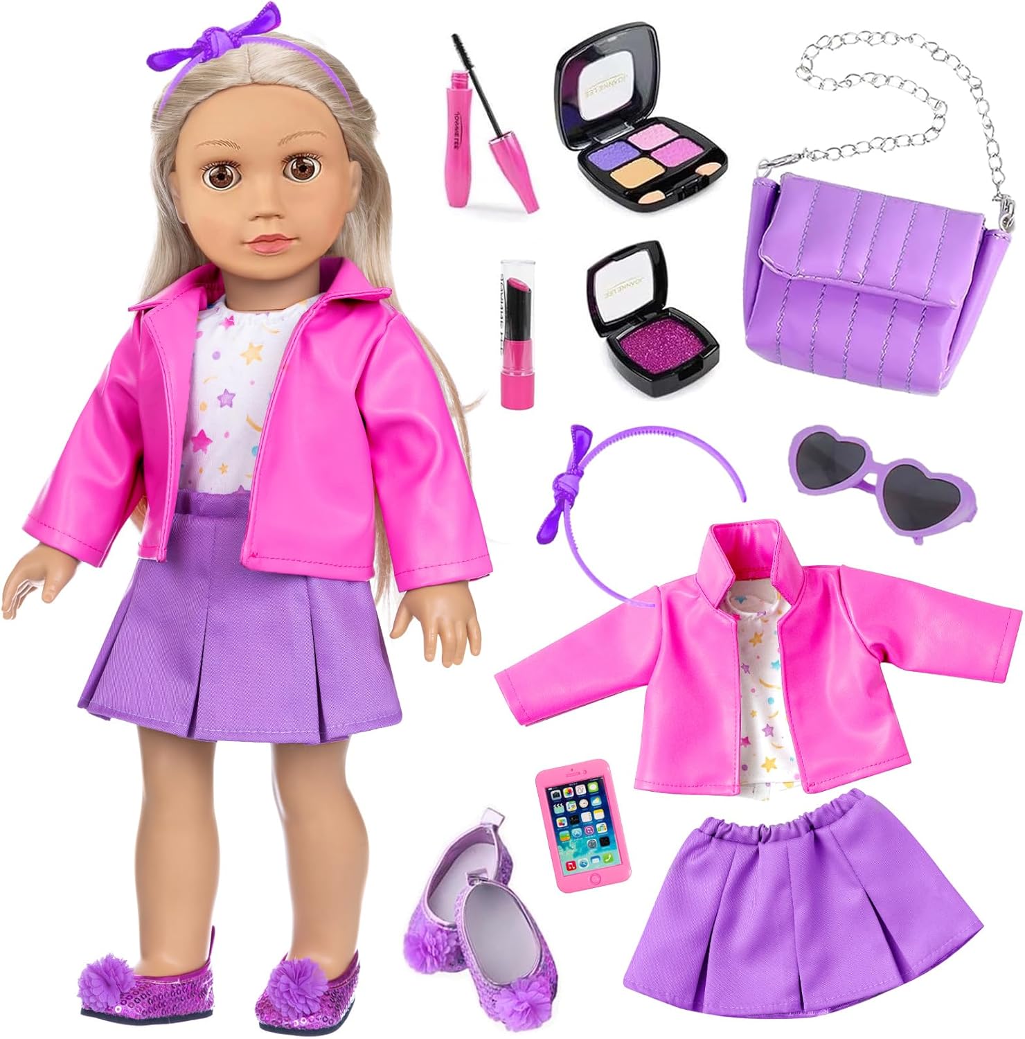 American 18 Inch Dolls Clothes and Makeup Accessories,Cosmetic Toys Shoulder Bags Gift Playset Fit for 18" Doll Including Skirt Outfit Eye Shadow Lipstick Blusher Headband,Doll Not Include