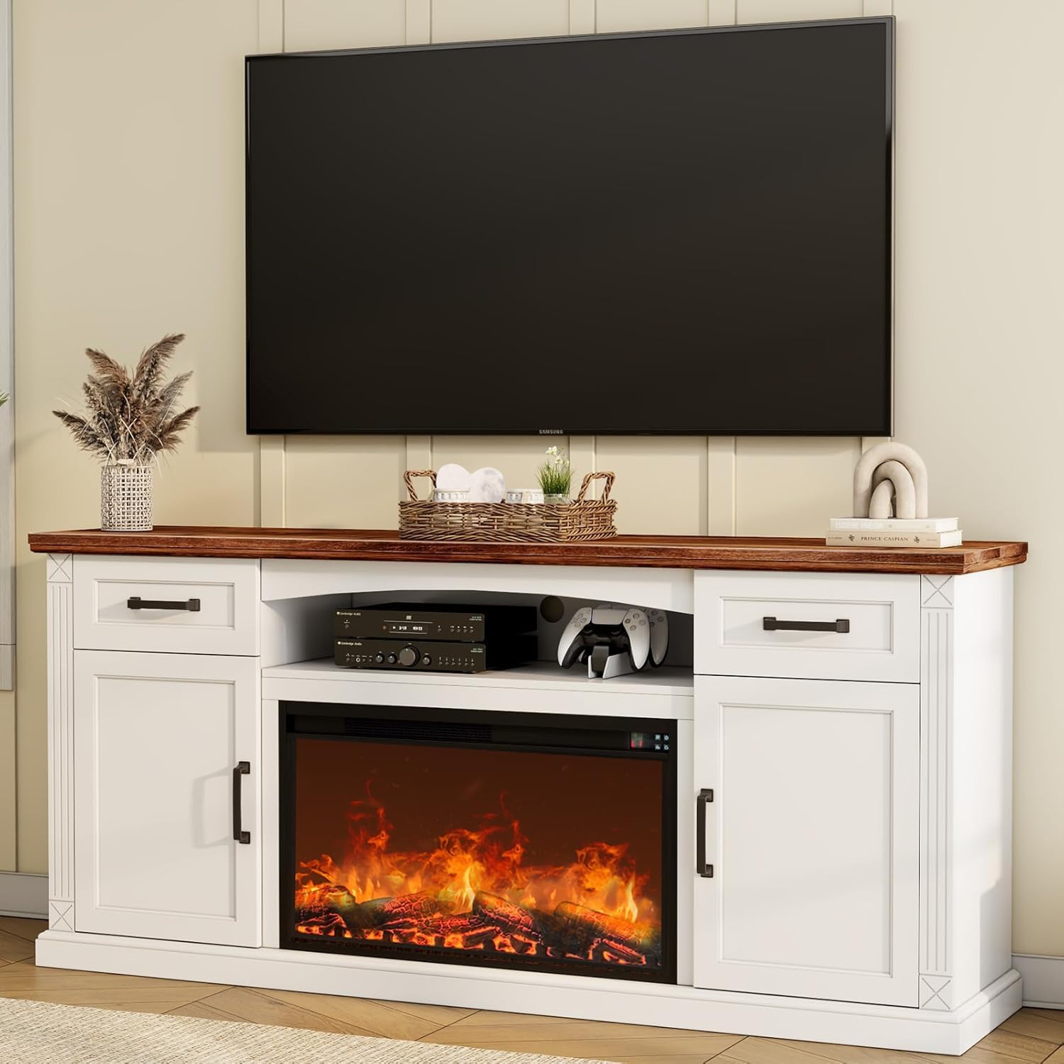70'' Fireplace TV Stand for up to 80 inch TV, 32" Tall Entertainment Center with Fireplace, Farmhouse TV Stands with Electric Fireplace for Living Room, 2 Drawers (White, 70'' Wooden Door)