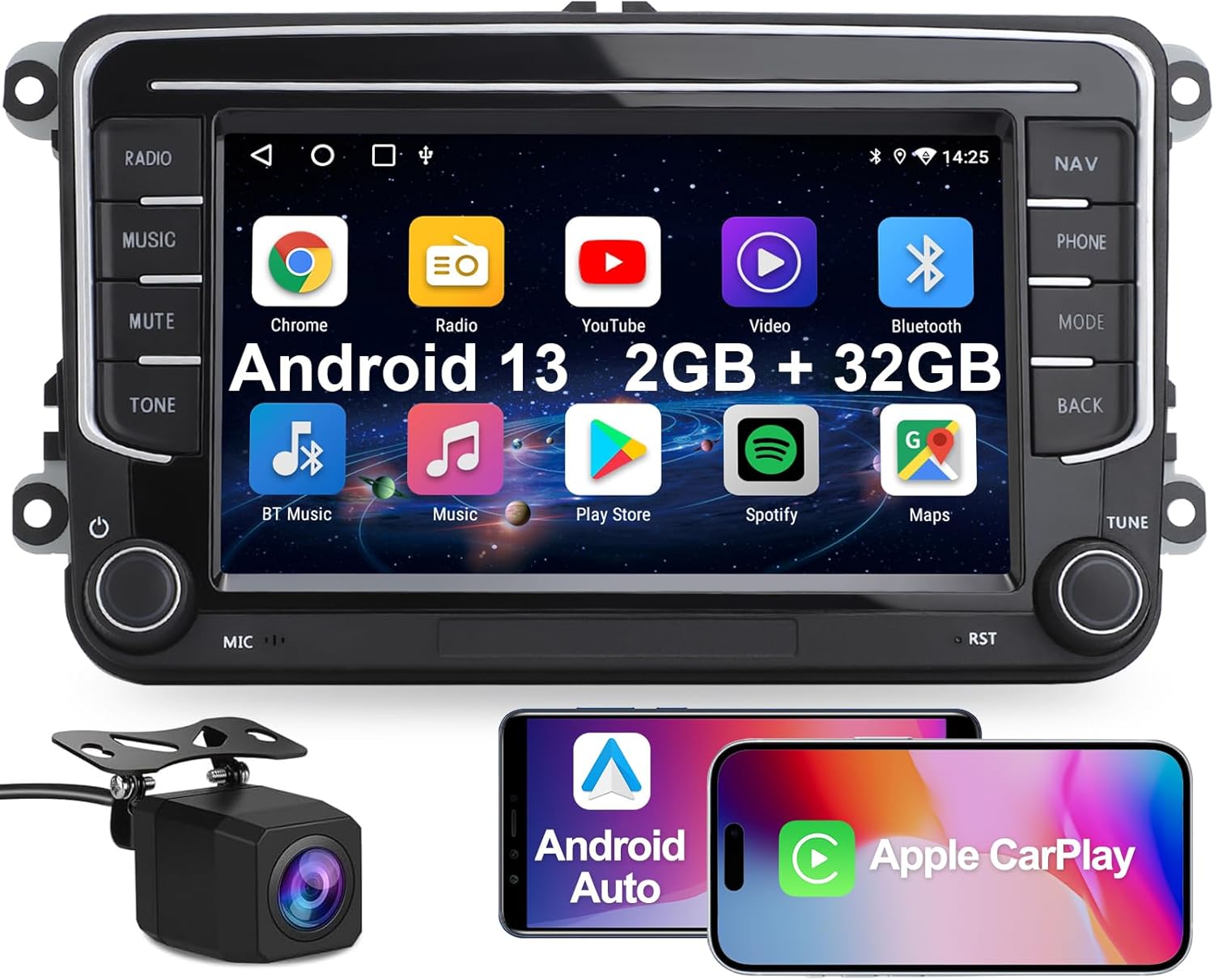 TOUTBIEN 2 Din Car Stereo, 7" Car Radio with Rear Camera for VW Golf, Passat, Seat, Touran, Skoda, Head Unit with CarPlay & Android Auto, EQ, Physical Buttons & Knob, MirrorLink, GPS Navi, FM, SWC