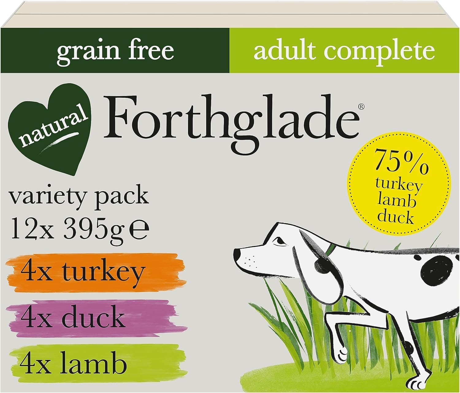 Forthglade Complete Natural Wet Dog Food - Grain Free with vegetables Variety Pack (12 x 395g) Trays - Turkey, Lamb & Duck - Adult Dog Food 1 Year+