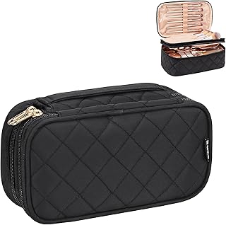 Relavel Makeup Bag, Small Makeup Bag for Women, Travel Cosmetic Bag, 2 Layers Waterproof Makeup Organizer Storage with Makeup Brush Holder, Black