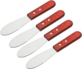 Stainless Steel Straight Edge Wide Butter Spreader Deluxe Sandwich Cream Cheese Condiment Knives Set Kitchen Tools, Wood Handle, 8” (4)