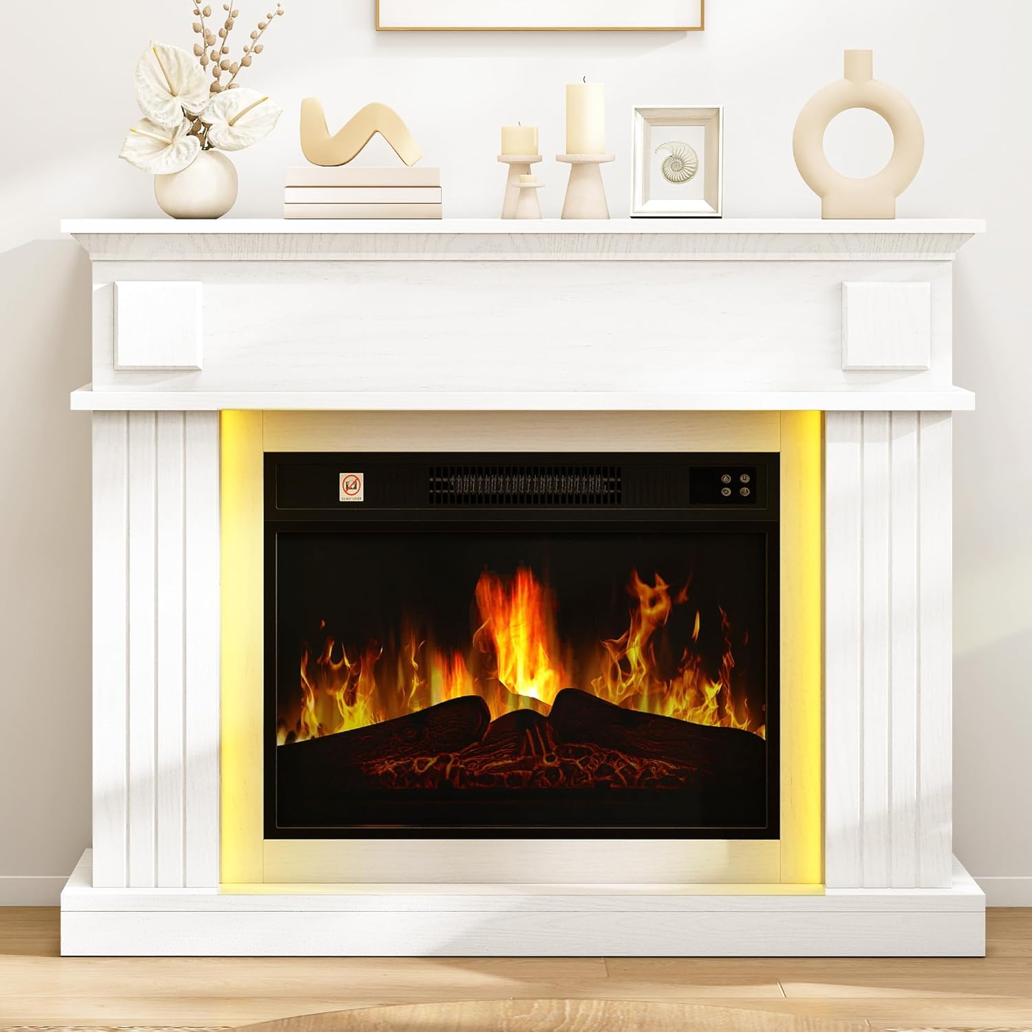 TAUS Fireplace with 39" Surround, White Electric Fireplace Free Standing with Realistic Flame Effect Fireplaces Heater, with Timer and 7 Color LED Light Strip and Remote Control
