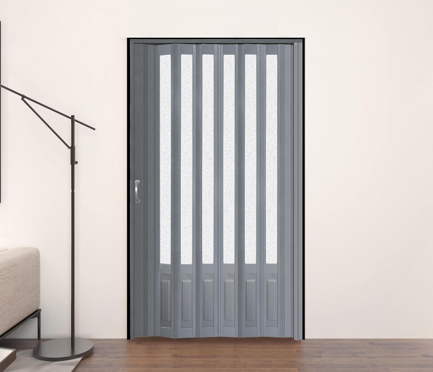 DIYHD 48X96in Accordion Folding Door with Mount Hardware,Grey PVC with Acrylic Glass Multifold Door for Closet