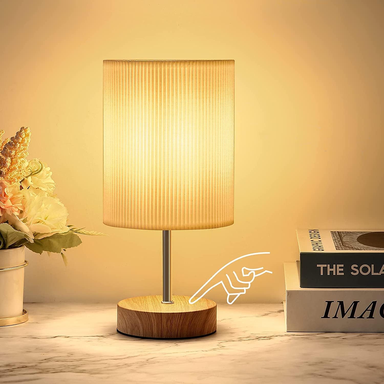 Touch Control Table Lamp,3-Way Dimmable Bedside Lamps Nightstand Lamps with White Fabric Shade for Bedroom Living Room (Wood-1)