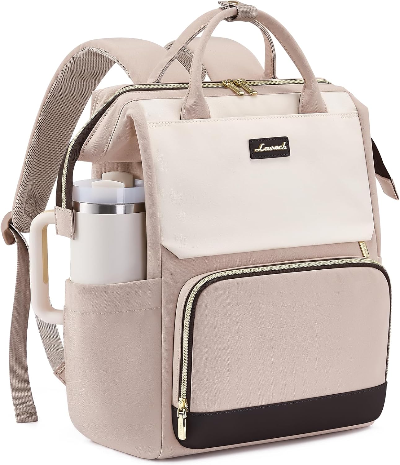 LOVEVOOK Laptop Backpack for Women with Giant Tumbler Holder Pocket, 15.6 inch Travel Work Bag Purse for Nurse Teacher, Waterproof Casual Daypack for College Business Beige