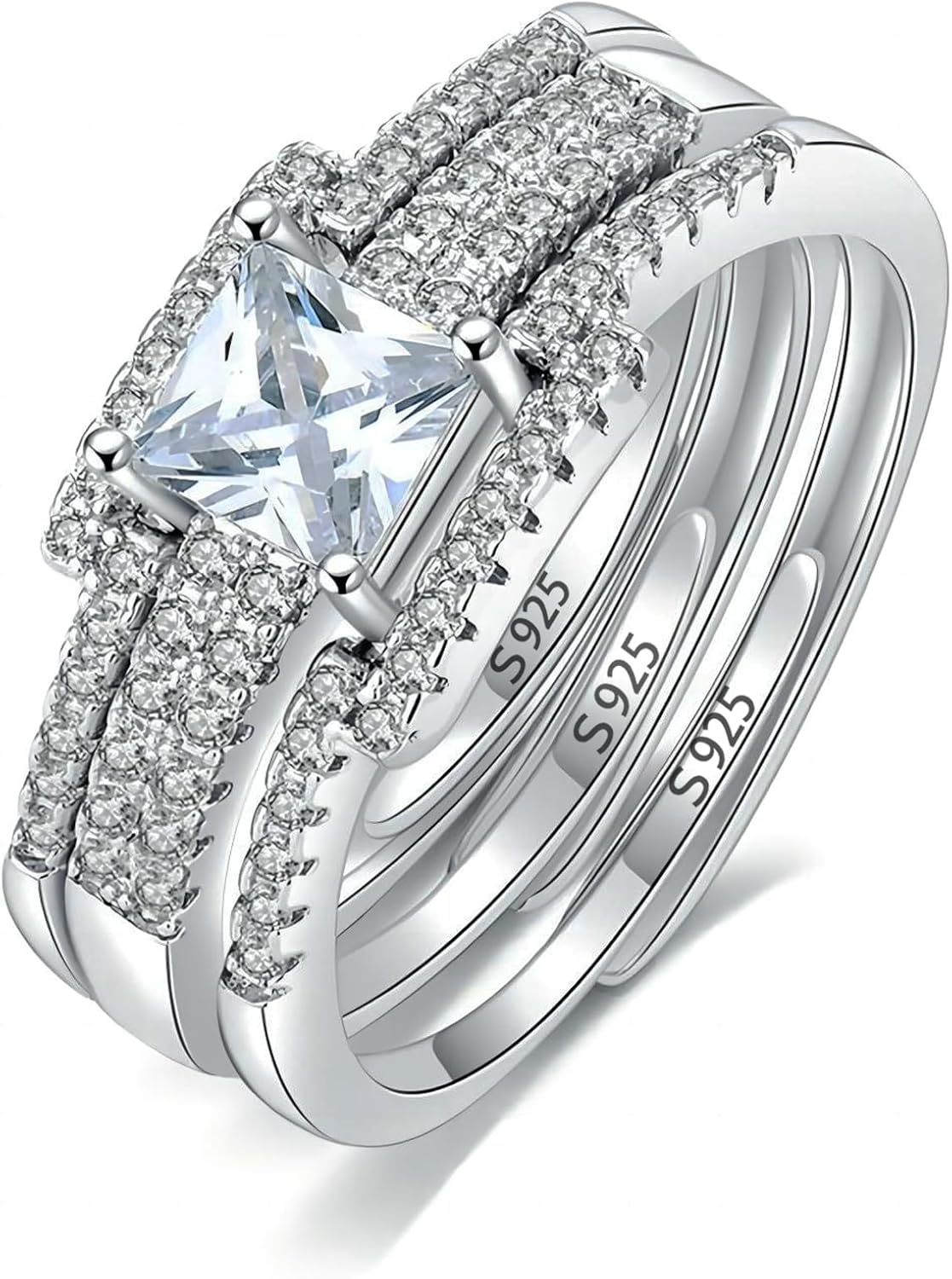 BORUO Woman's Sterling Silver 925 Adjustable Ring Diamond Stackable Engagement Rings for Wedding Women Band Rings Sets Cubic Zirconia Jewelry Gift(2PCS)