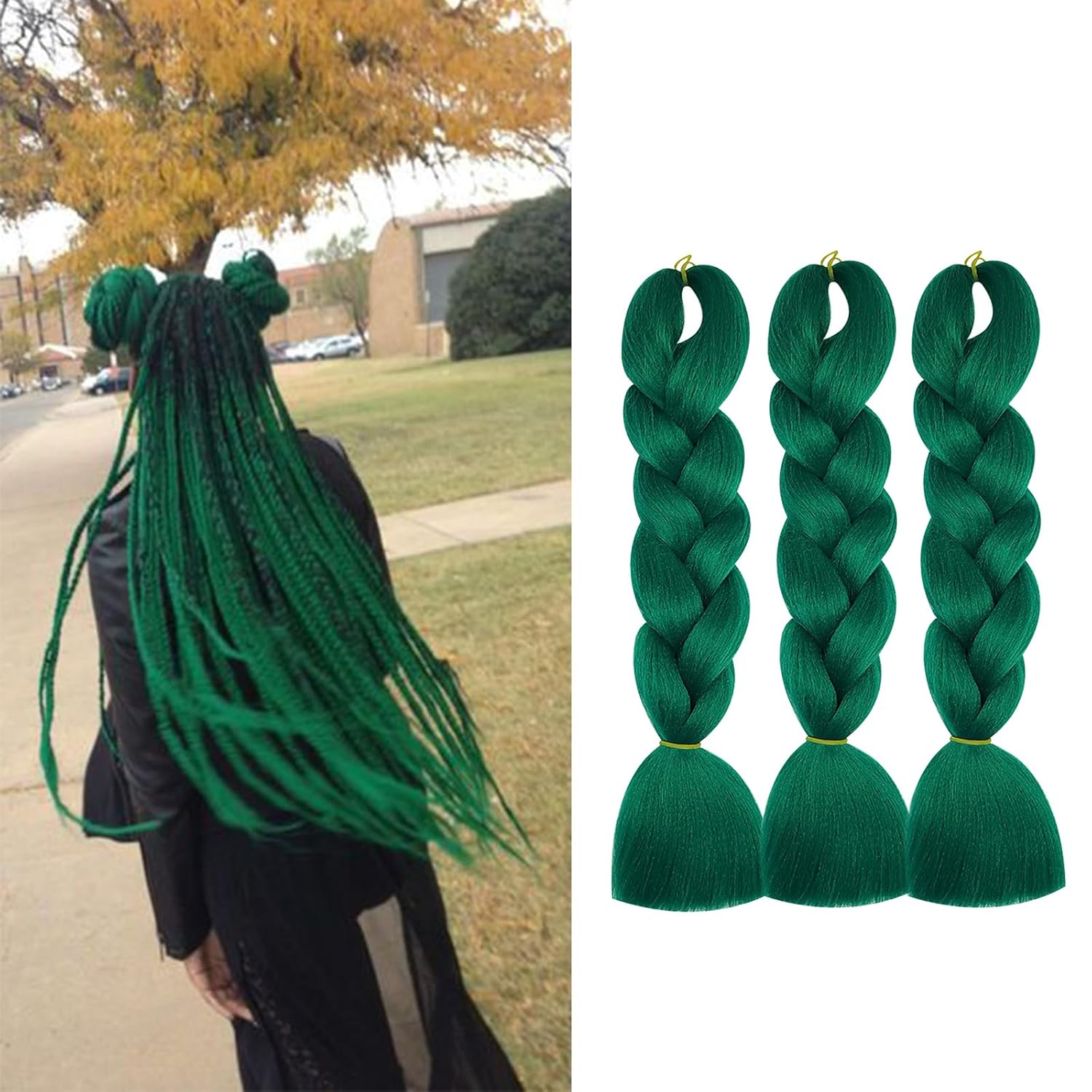 Herina Dark Green Hair Extensions 3pcs Green Braiding Hair For Fake Braids High Temperature Jumbo Braiding Hair For Braids(3pcs/pack)