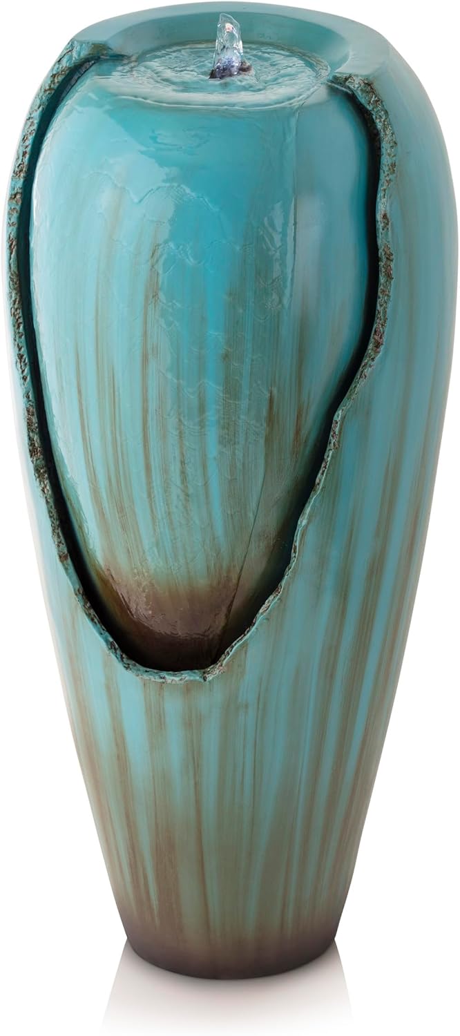 Alpine Corporation 33" Tall Outdoor Antique Jar Water Fountain, Vintage Cascading Design with LED Lights, Garden, Patio & Yard Decor, Turquoise