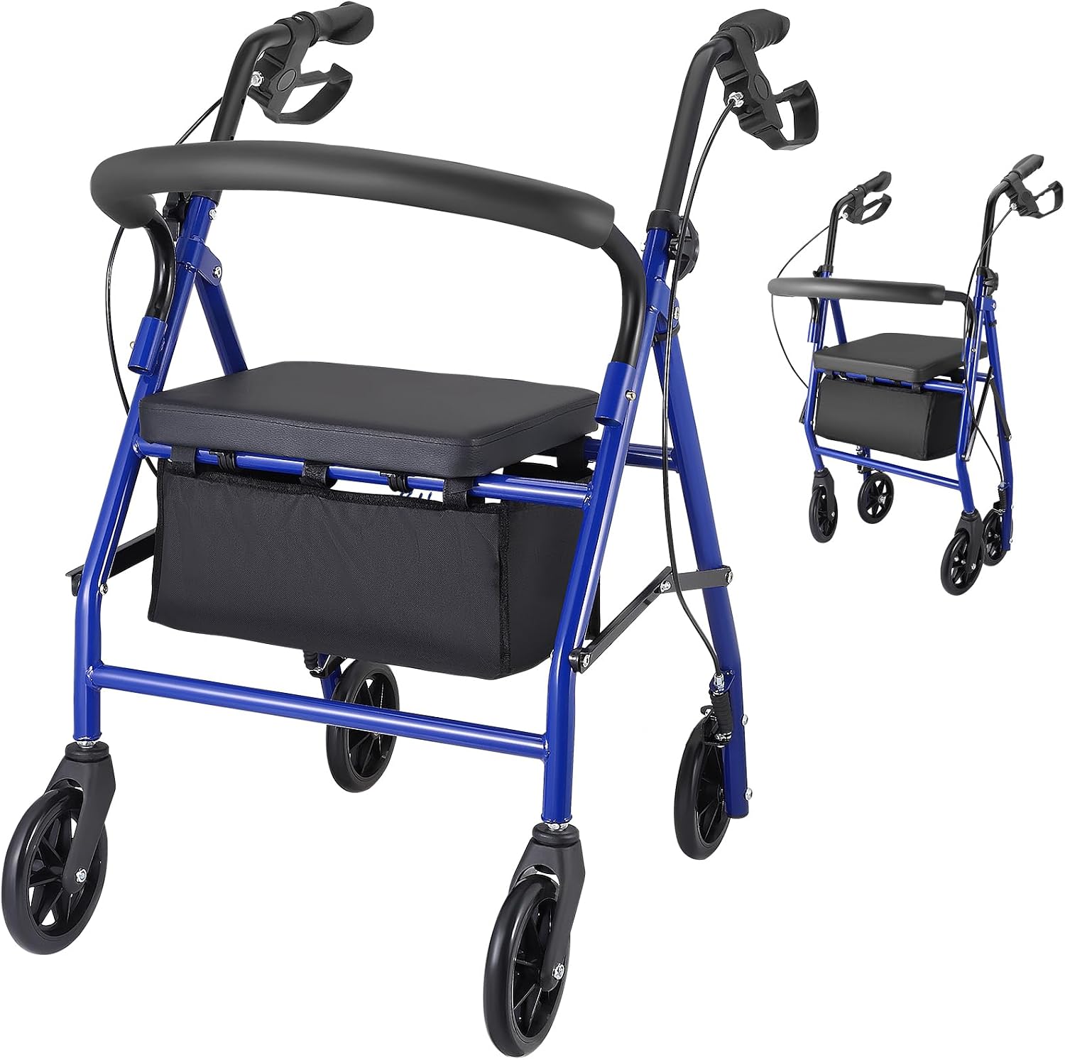 Rollator Walker with Seat, Brakes, Bag, Foldable Walking Aid, Adjustable Height, Lightweight Rollator for Disabled, Portable Walker for Elderly,150KG Capacity