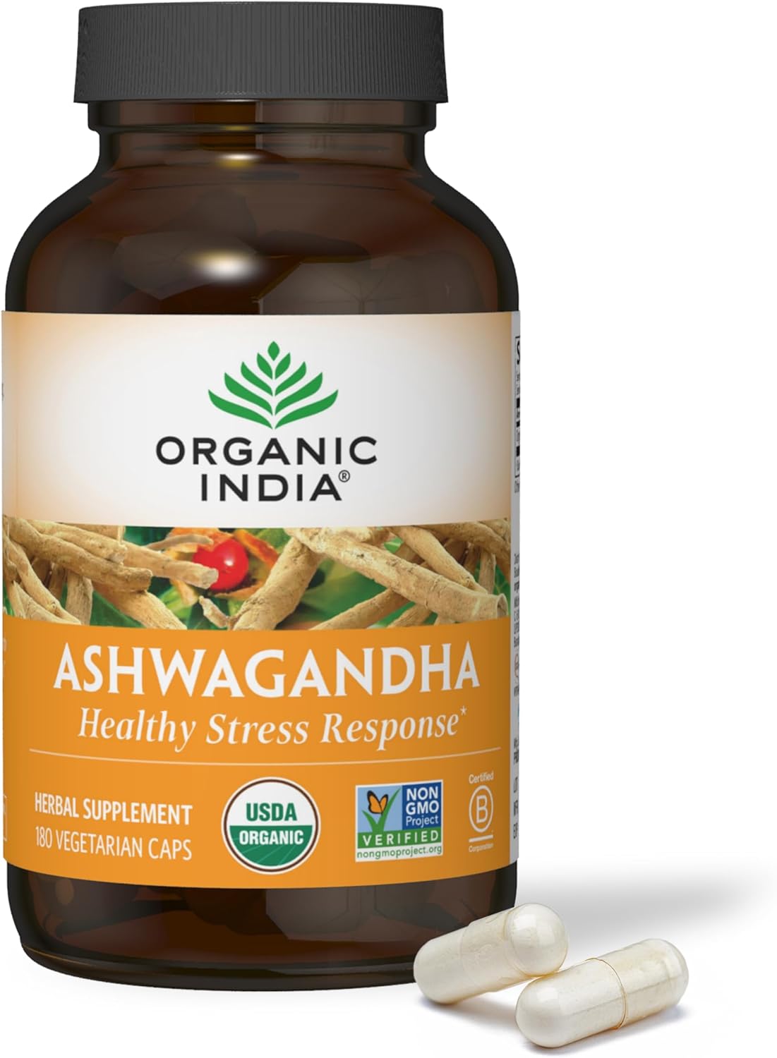 ORGANIC INDIA Ashwagandha Herbal Supplement - Stress Response Support, Vegan, Gluten-Free, Kosher, USDA Certified Organic, Non-GMO, Supports Mood, Endurance, Vitality & Strength - 180 Capsules