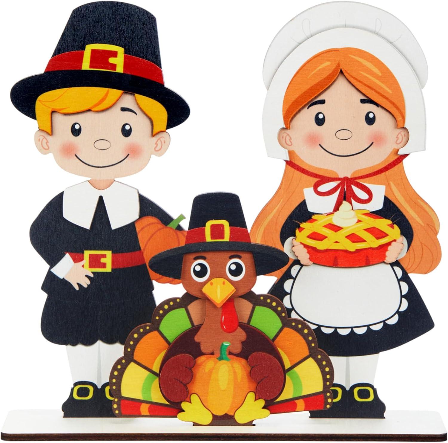 Thyle 3 Pcs Large Pilgrims Thanksgiving Decorations for Home Fall Wooden Turkey Pilgrim Couple Table Sign Thanksgiving Tabletop Decor for Autumn Harvest Farmhouse Living Room Indoor