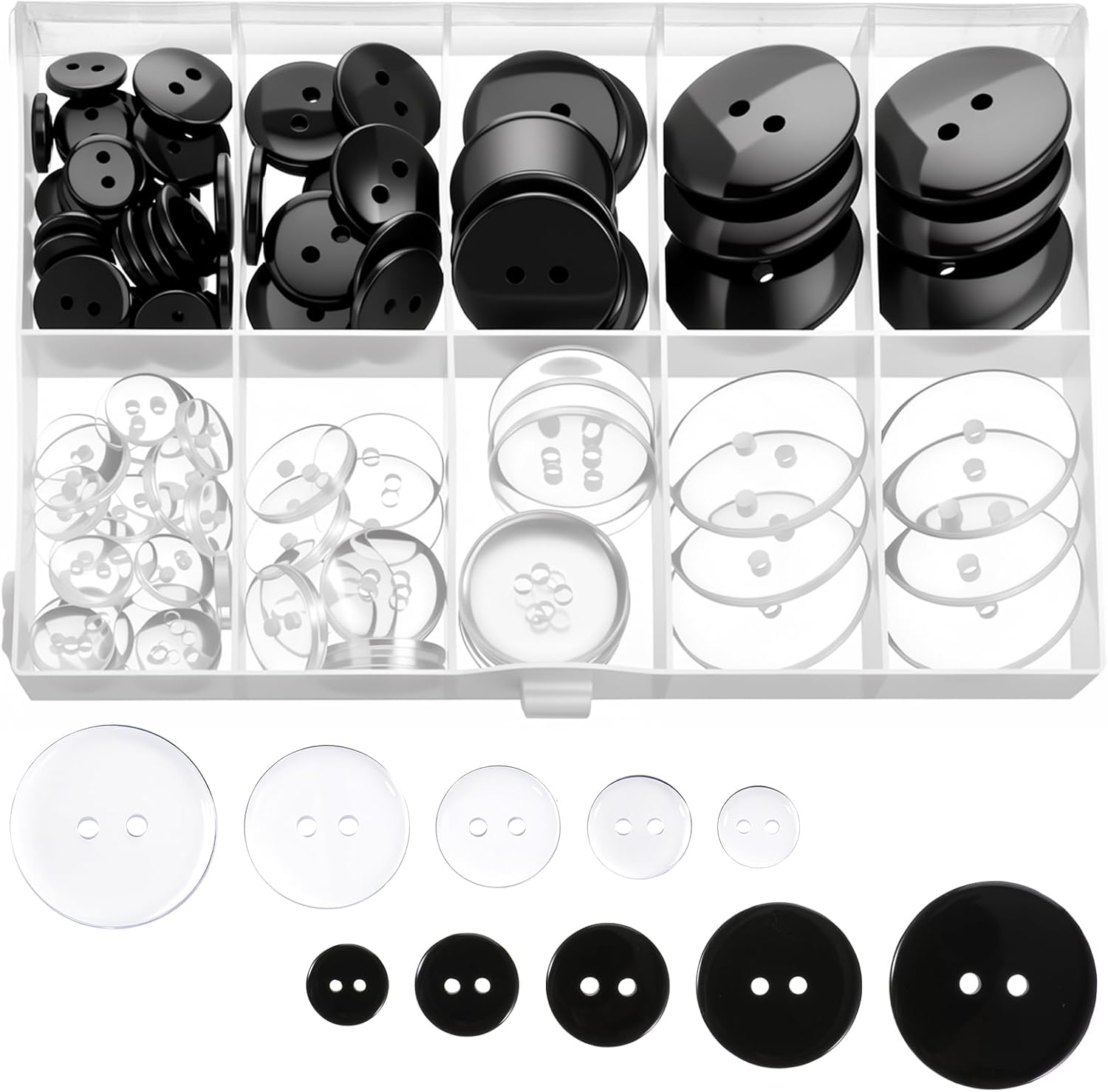 100 Pcs Black Button, Clear Buttons 2 Hole Buttons for Crafts 5 Sizes of Round Mixed Button for Coats Dress Skirt Pants Shorts DIY Crafts Clear+Black