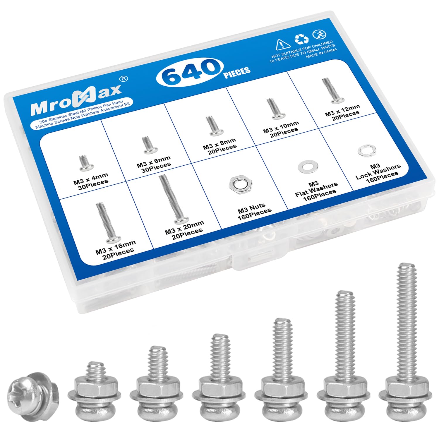 MroMax 640Pcs M3 Phillips Pan Head Machine Screws Kit with Nuts & Washers