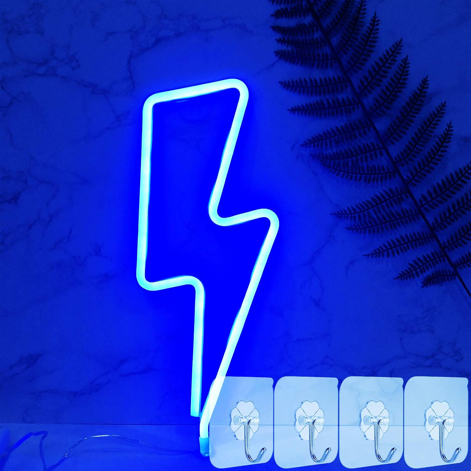 Lightning Bolt LED Neon Signs Light for Wall Blue LED Neon Light Sign Battery/USB Powered LED Neon Wall Lights Night Lamp with 4PCS Hooks for Room Decor