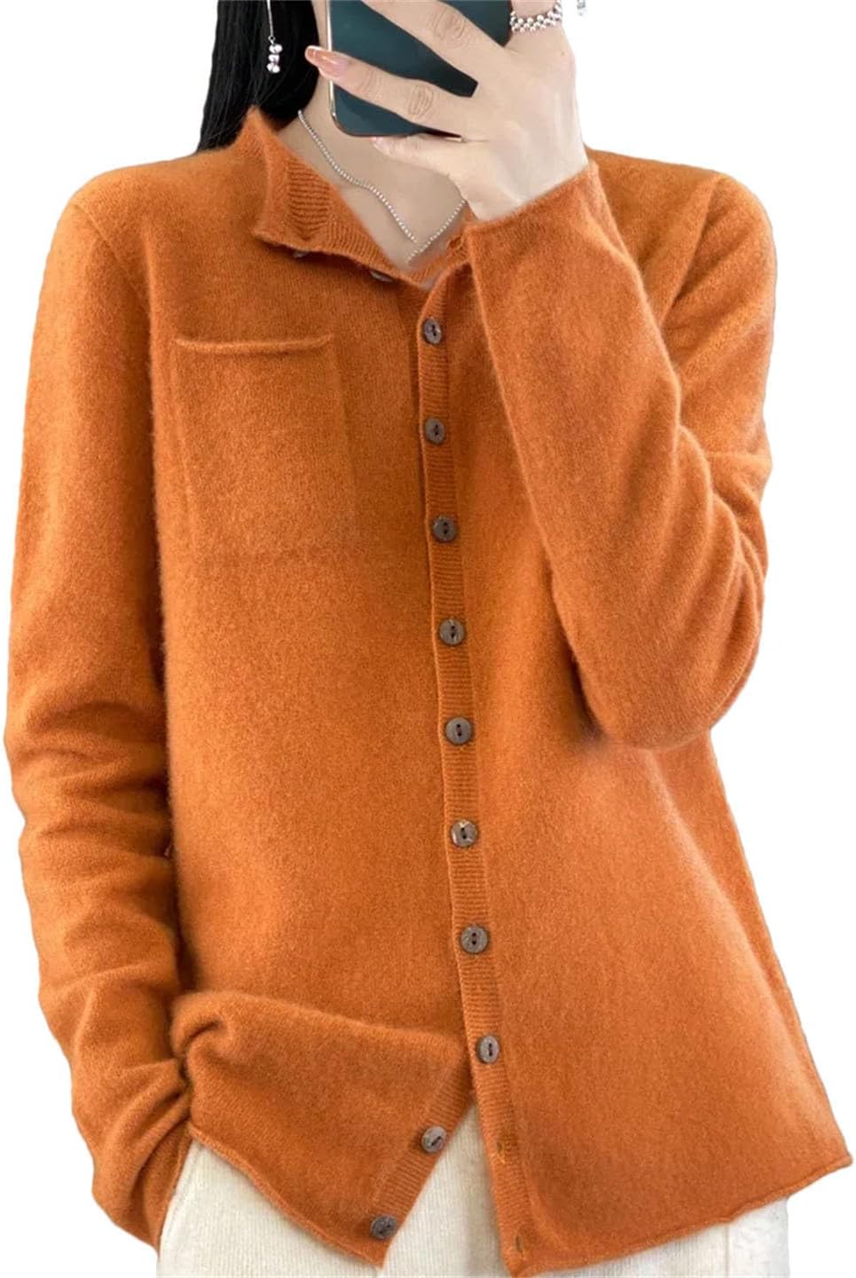 Women's Sweater Cardigans Sleeve Merino Wool Binding Pockets Cashmere Clothing Top