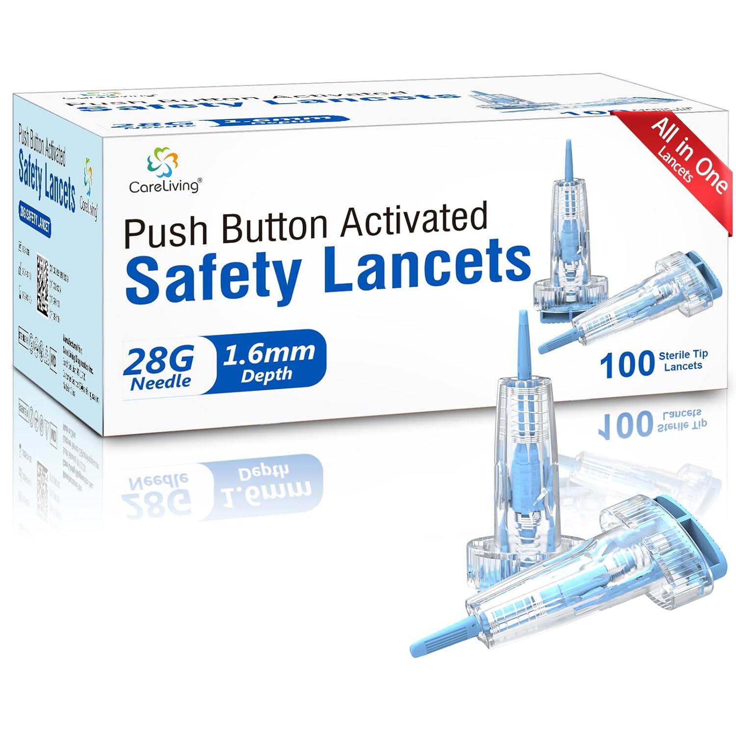 Safety Lancets, Retractable, 28 G Sterile, 1.6 mm, Push Button Activation, 100 Count, Single-Use, Gentle for Comfortable Testing