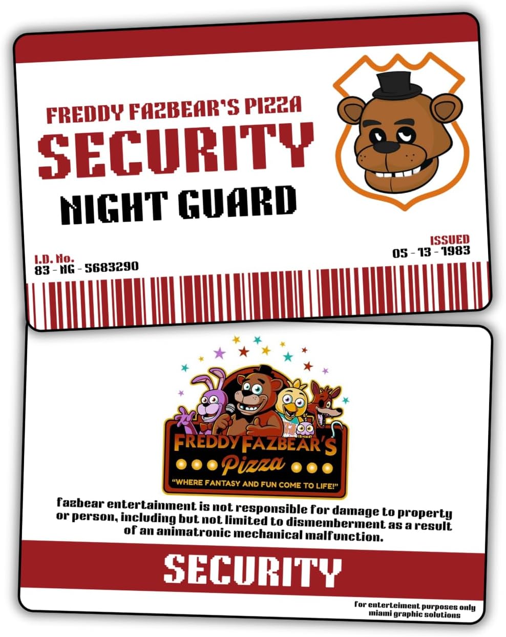 Freddy Fazbear’s Pizza Night Guard Security Badge - Funny Plastic Card FNaF Fans Complement for Costumes, Double Sided, Collectible Trading Card, Novelty Gift, Various