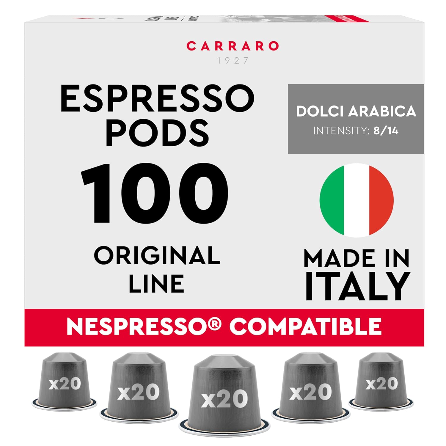 CARRARO 1927 Dolci Arabica - 100 Aluminum Coffee Pods Compatible with Nespresso Original line - Intensity 8/14, Medium Roast 100% Arabica Coffee Capsules Made in Italy
