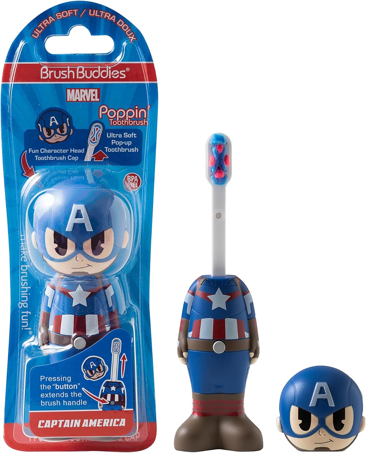 Brush Buddies Marvel Captain America Kids Toothbrush, Soft Rounded Bristles, Poppin' Fun Superhero Toothbrush Cover