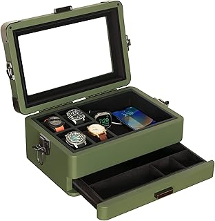 CASE ELEGANCE Military 10 Slot Watch Box Case Organizer for Men, Real Glass Top, Modular Valet Tray, Apple Watch Compatible with Apple Watch Stand, Accessory Drawer, Watch Pillow Stands