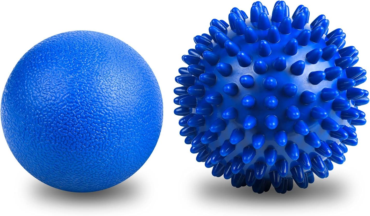 URAQT Spiky Massage Ball Set, 2 Pack Physical Therapy Massage Balls, Hard Lacrosse Ball & Spiky Massage Ball for Myofascial Release and Trigger Point Deep Tissue Massage (Blue)
