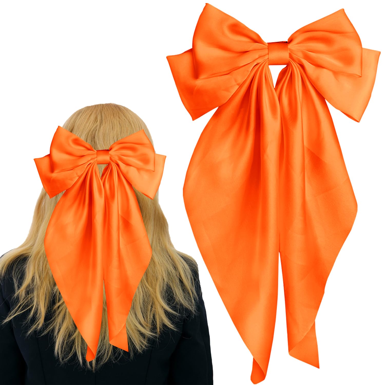 Pufandor Hair Bow Silky Satin Hair Ribbons for Women, Orange Bows for Girls Hair Bowknot Barrettes Long Tails with Clips Big Hair Bows Hair Accessories (Orange 1pc)