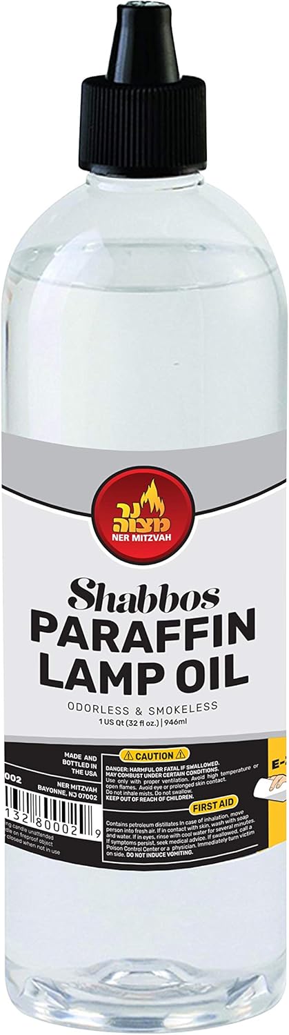Ner Mitzvah Paraffin Lamp Oil, Clear Smokeless, Odorless, Clean Burning Fuel for Indoor and Outdoor, Use with E - Z Fill Cap and Pouring Spout, 32oz