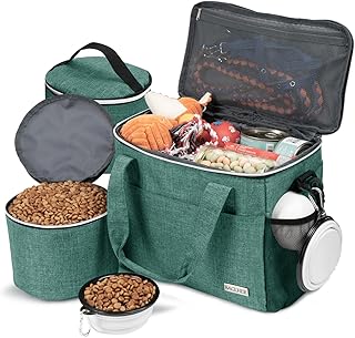BAGLHER Dog Travel Bag Backpack Pet Supplies Backpack Pet Accessories Storage Bag 5-Piece Set with Shoulder Strap 2 Lined Pet Food Containers 4 Foldable Feeding Bowls Essential Kit for Pet travel