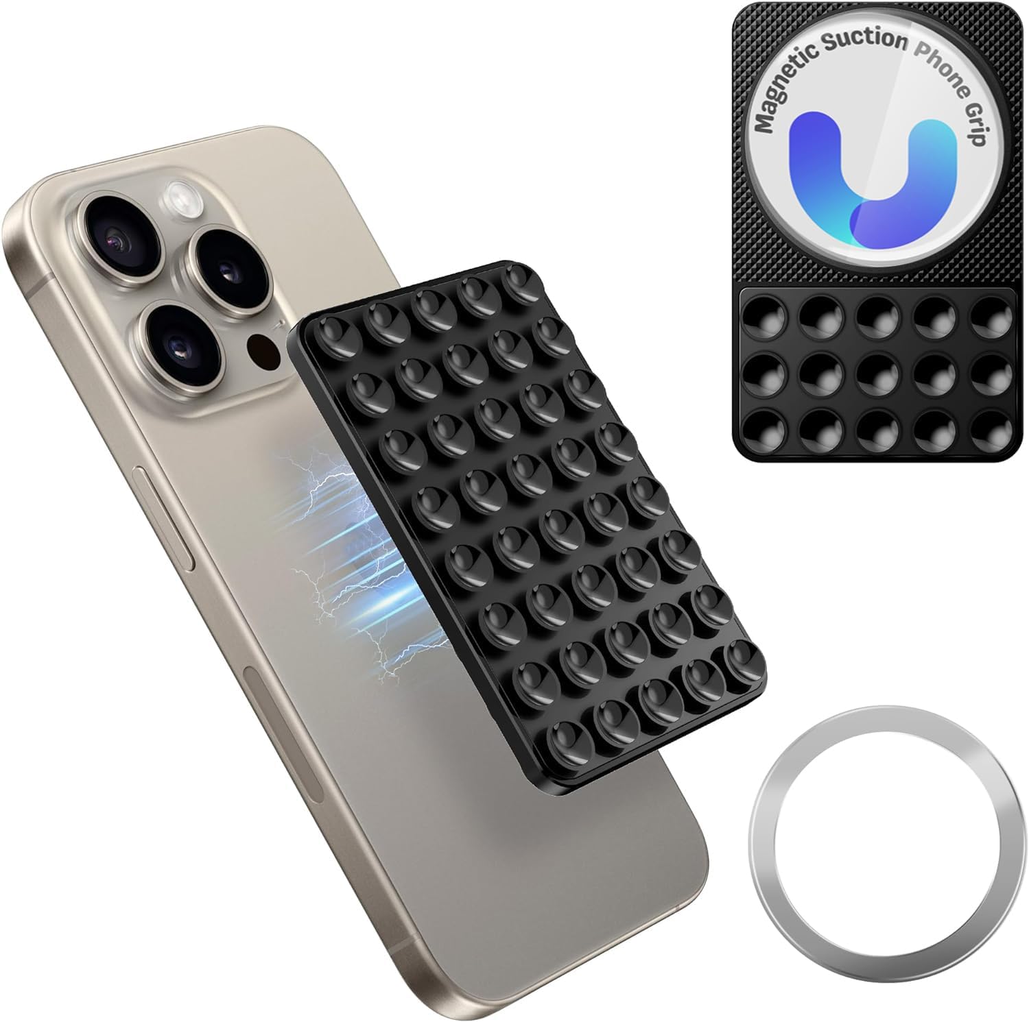 Riiriou Magnetic Suction Cup Phone Mount, Silicone Suction Phone Case Grip for iPhone and Android Cases, Hands-Free Mirror Shower Phone Holder MagSafe Suction Mount for Selfies Tiktok Videos (Black)