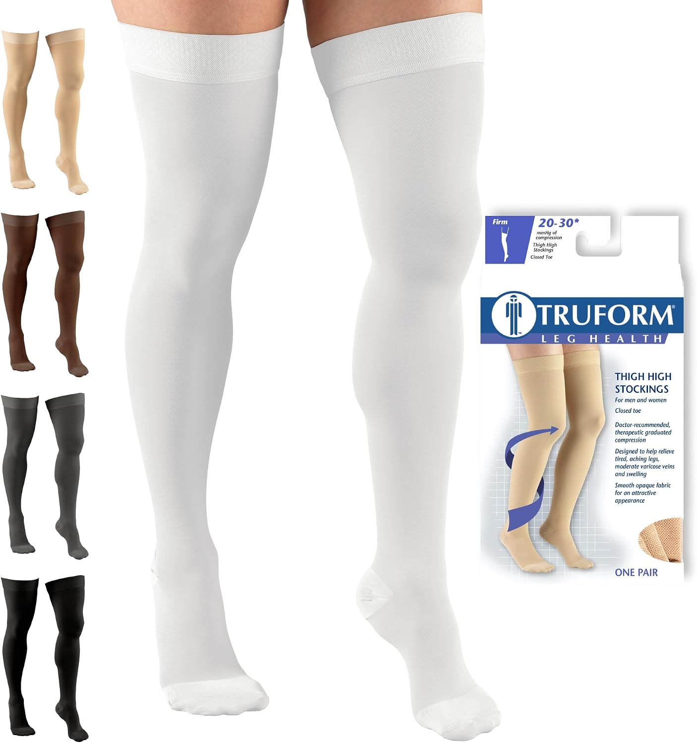 Truform 20-30 mmHg Compression Stockings for Men and Women, Thigh High Length, Dot Top, Closed Toe, White, Large