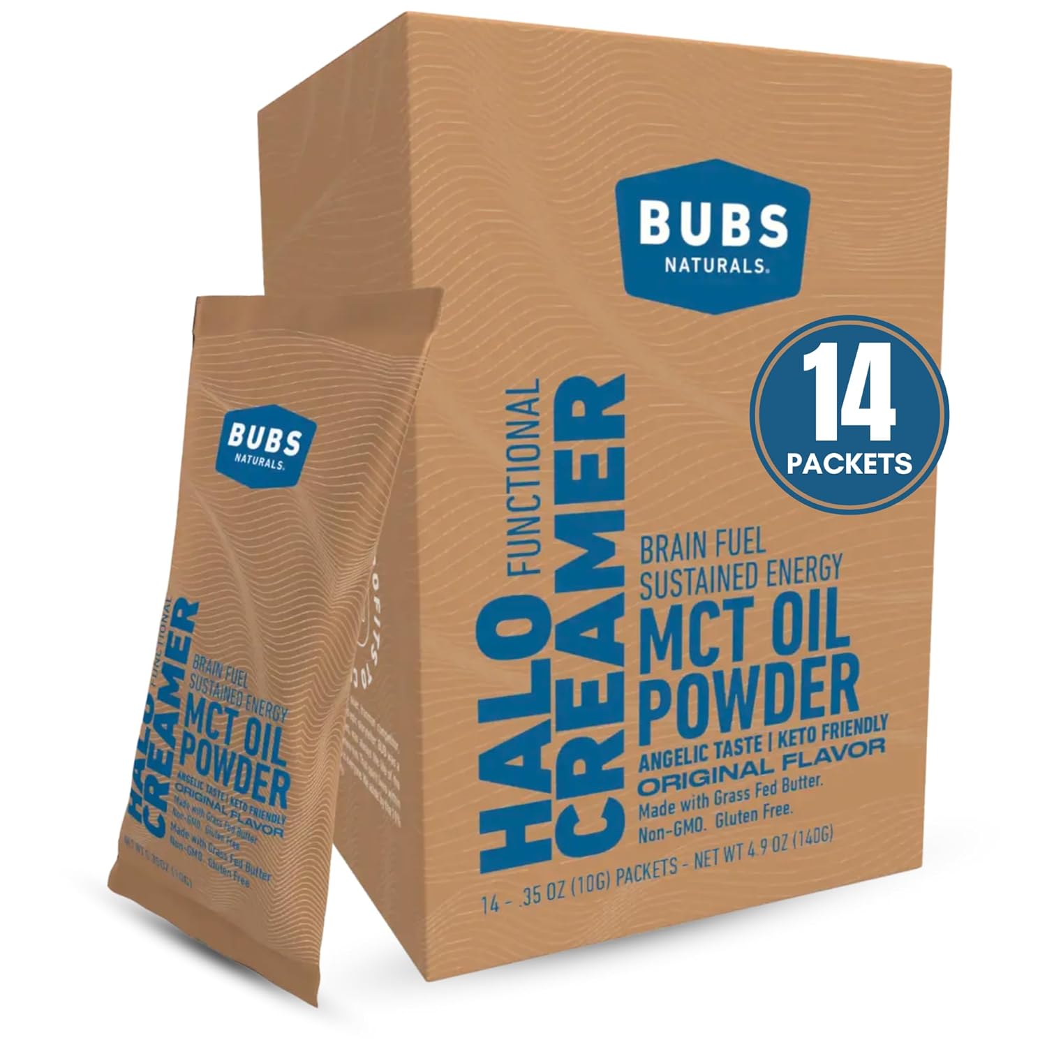 BUBS Naturals Halo MCT Oil Powder, 10g Travel Packets Functional Keto Coffee Creamer with MCT Oil & Grass-Fed Butter Unflavored Powder, Includes 14 Packets