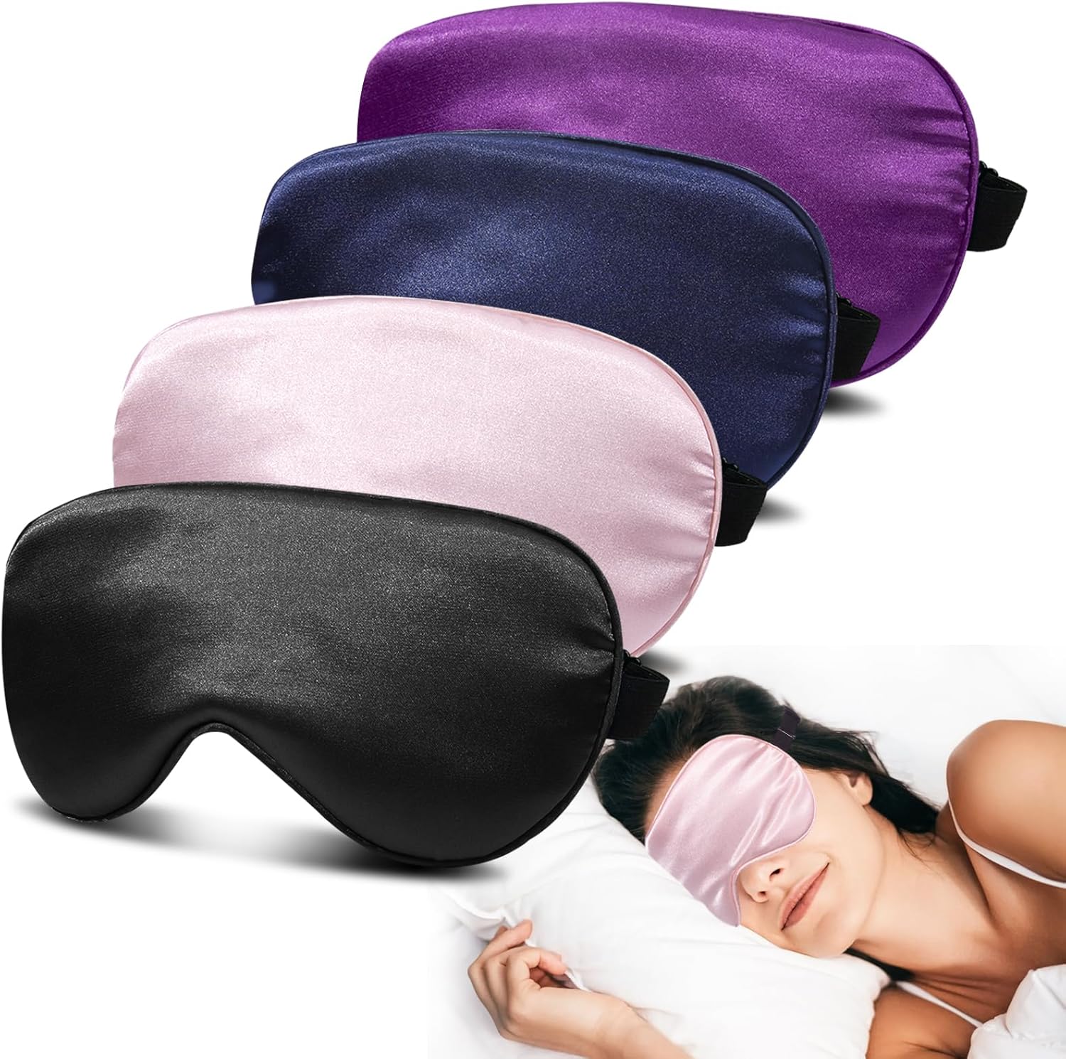 4 Pack Super Soft Silk Sleep Mask - 100% Blackout, Zero Eye Pressure, Blindfold with Adjustable Strap, Travel Eye Covers (Black, Pink, Blue, Purple)