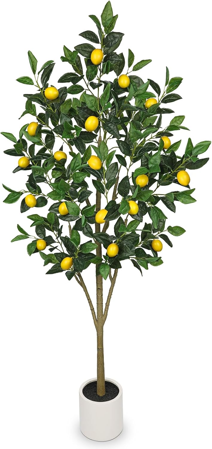 5Ft Artificial Lemon Trees, Large Artificial Plants Indoor with White Ceramic Pot Faux Potted Lemons Citrus Tree Fake Floor Plants Lemon Decorations for Home Living Room Office, Bedroom Table, Desk